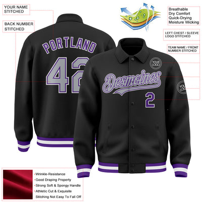 Custom Black Gray-Purple Bomber Full-Snap Varsity Letterman Lapel Collar Byron Jacket