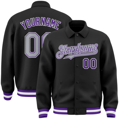 Custom Black Gray-Purple Bomber Full-Snap Varsity Letterman Lapel Collar Byron Jacket