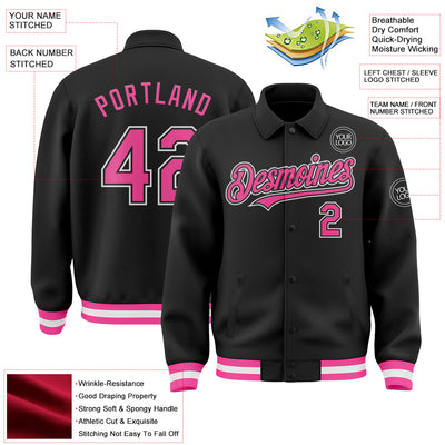 Custom Black Pink-White Bomber Full-Snap Varsity Letterman Lapel Collar Byron Jacket