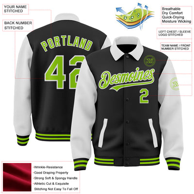 Custom Black Neon Green-White Bomber Full-Snap Varsity Letterman Two Tone Lapel Collar Byron Jacket