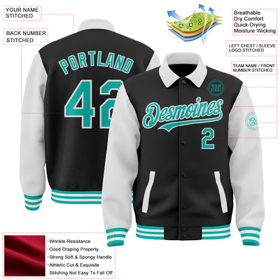 Custom Black Aqua-White Bomber Full-Snap Varsity Letterman Two Tone Lapel Collar Byron Jacket