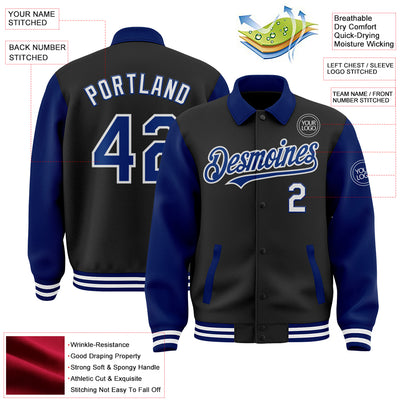 Custom Black Royal-White Bomber Full-Snap Varsity Letterman Two Tone Lapel Collar Byron Jacket