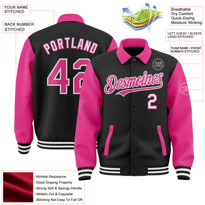 Custom Black Pink-White Bomber Full-Snap Varsity Letterman Two Tone Lapel Collar Byron Jacket