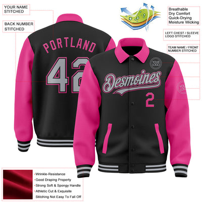 Custom Black Gray-Pink Bomber Full-Snap Varsity Letterman Two Tone Lapel Collar Byron Jacket