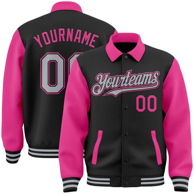 Custom Black Gray-Pink Bomber Full-Snap Varsity Letterman Two Tone Lapel Collar Byron Jacket