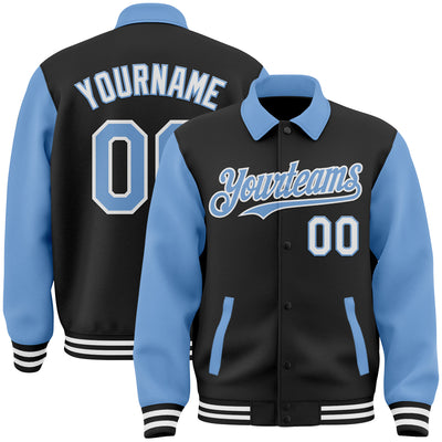 Custom Black Light Blue-White Bomber Full-Snap Varsity Letterman Two Tone Lapel Collar Byron Jacket