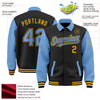 Custom Black Light Blue-Gold Bomber Full-Snap Varsity Letterman Two Tone Lapel Collar Byron Jacket