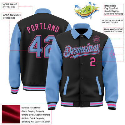 Custom Black Light Blue-Pink Bomber Full-Snap Varsity Letterman Two Tone Lapel Collar Byron Jacket