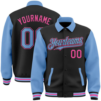 Custom Black Light Blue-Pink Bomber Full-Snap Varsity Letterman Two Tone Lapel Collar Byron Jacket