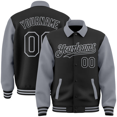 Custom Black Gray Bomber Full-Snap Varsity Letterman Two Tone Lapel Collar Byron Jacket