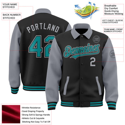 Custom Black Teal-Gray Bomber Full-Snap Varsity Letterman Two Tone Lapel Collar Byron Jacket