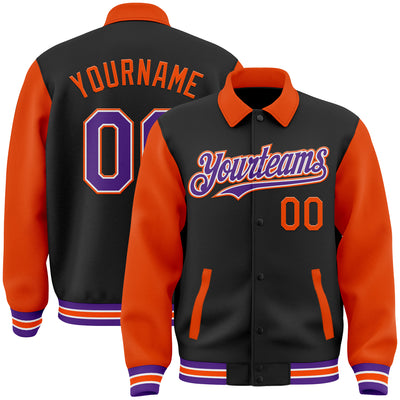 Custom Black Purple-Orange Bomber Full-Snap Varsity Letterman Two Tone Lapel Collar Byron Jacket