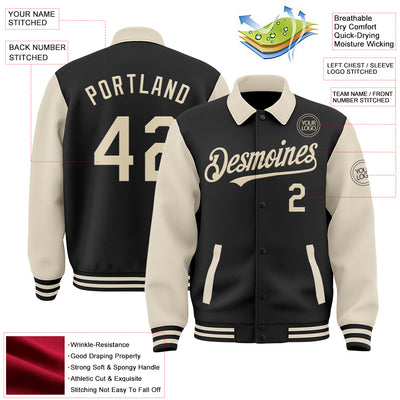 Custom Black Cream Bomber Full-Snap Varsity Letterman Two Tone Lapel Collar Byron Jacket