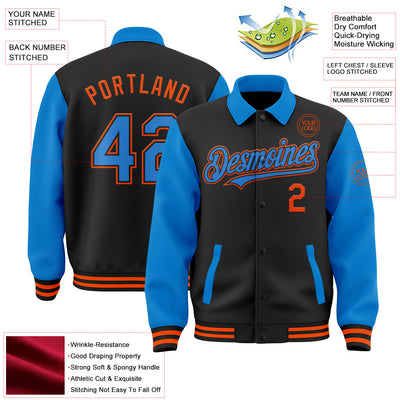 Custom Black Powder Blue-Orange Bomber Full-Snap Varsity Letterman Two Tone Lapel Collar Byron Jacket