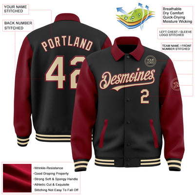 Custom Black Cream-Crimson Bomber Full-Snap Varsity Letterman Two Tone Lapel Collar Byron Jacket