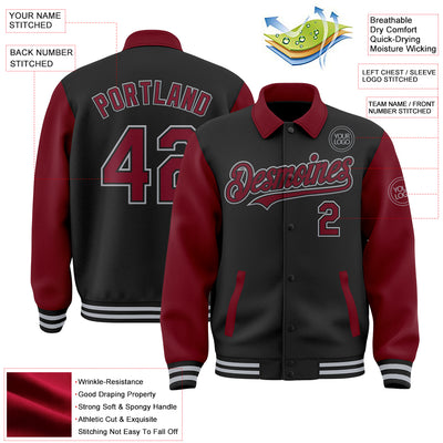 Custom Black Crimson-Gray Bomber Full-Snap Varsity Letterman Two Tone Lapel Collar Byron Jacket