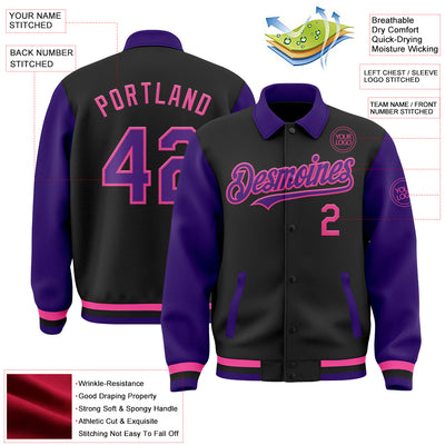 Custom Black Purple-Pink Bomber Full-Snap Varsity Letterman Two Tone Lapel Collar Byron Jacket