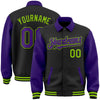 Custom Black Purple-Neon Green Bomber Full-Snap Varsity Letterman Two Tone Lapel Collar Byron Jacket