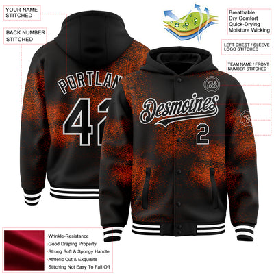 Custom Black Orange-White Abstract Network 3D Pattern Design Bomber Full-Snap Varsity Letterman Hoodie Jacket