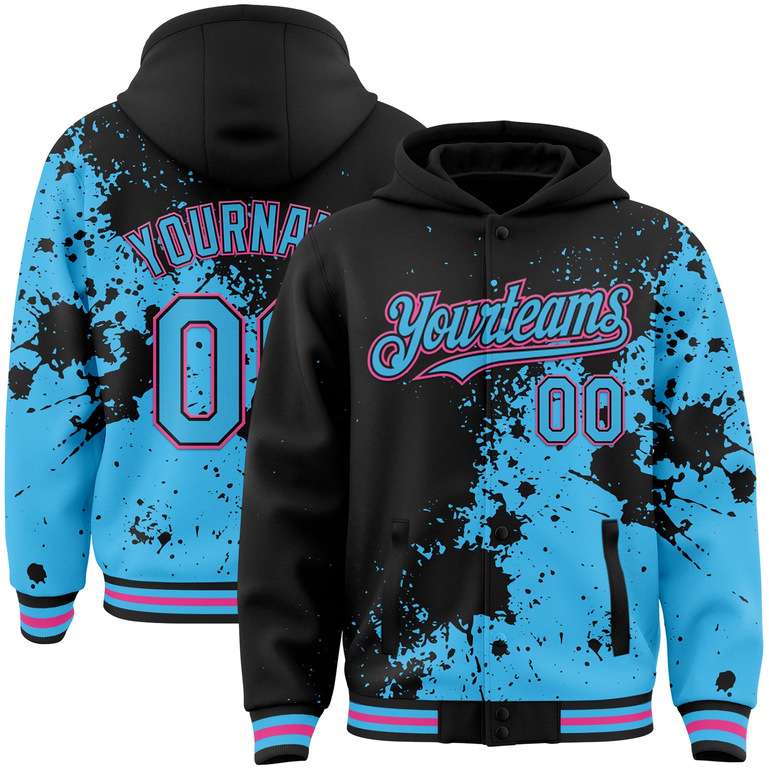 Custom 3D Pattern Hoodie Jacket Black Sky Blue Pink Abstract Splash Grunge Art Design Bomber Full Snap Varsity Letterman FansIdea