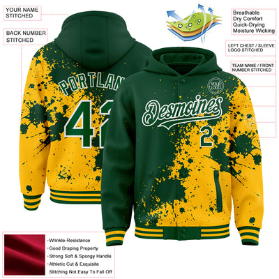 Custom Green Gold-White Abstract Splash Grunge Art 3D Pattern Design Bomber Full-Snap Varsity Letterman Hoodie Jacket