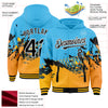 Custom Sky Blue Black-Gold Abstract Splash Grunge Art 3D Pattern Design Bomber Full-Snap Varsity Letterman Hoodie Jacket