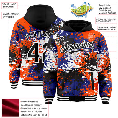 Custom Black Orange-Royal Abstract Splash Grunge Art 3D Pattern Design Bomber Full-Snap Varsity Letterman Hoodie Jacket