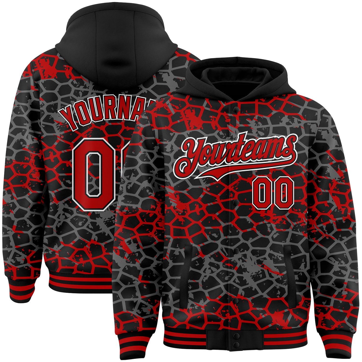 Custom 3D Pattern Hoodie Jacket Black Red White Abstract Network Design Bomber Full Snap Varsity Letterman FansIdea