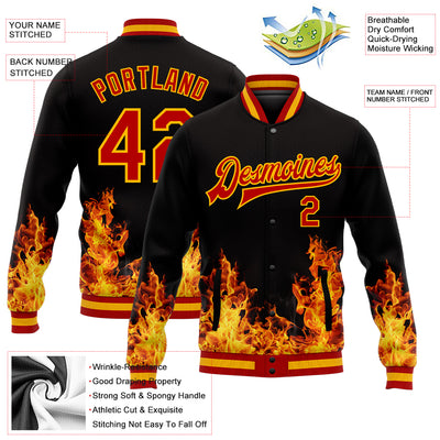 Custom Black Red-Gold Flame 3D Pattern Design Bomber Full-Snap Varsity Letterman Jacket