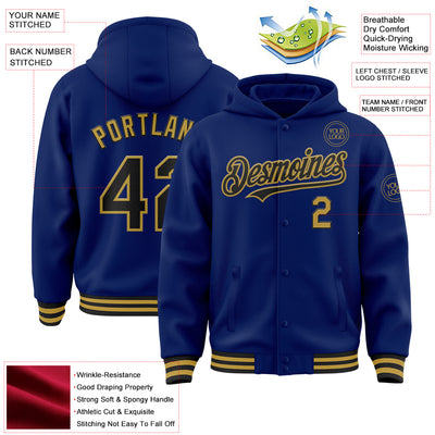 Custom Royal Black-Old Gold Bomber Full-Snap Varsity Letterman Hoodie Jacket