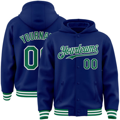 Custom Royal Kelly Green-White Bomber Full-Snap Varsity Letterman Hoodie Jacket