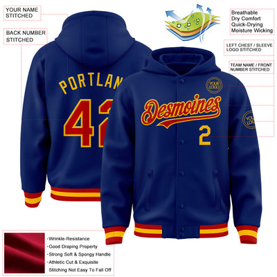 Custom Royal Red-Gold Bomber Full-Snap Varsity Letterman Hoodie Jacket