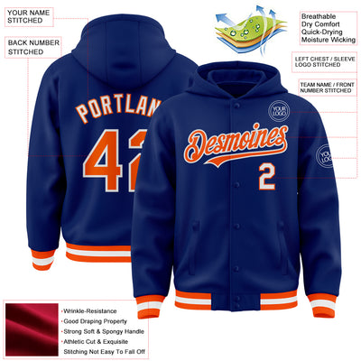 Custom Royal Orange-White Bomber Full-Snap Varsity Letterman Hoodie Jacket