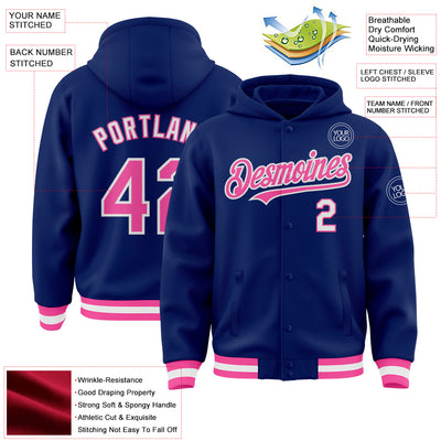 Custom Royal Pink-White Bomber Full-Snap Varsity Letterman Hoodie Jacket