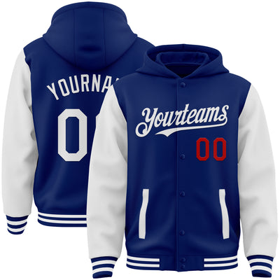 Custom Royal White-Red Bomber Full-Snap Varsity Letterman Two Tone Hoodie Jacket