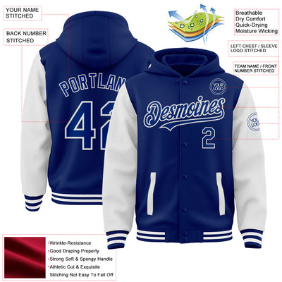 Custom Royal White Bomber Full-Snap Varsity Letterman Two Tone Hoodie Jacket