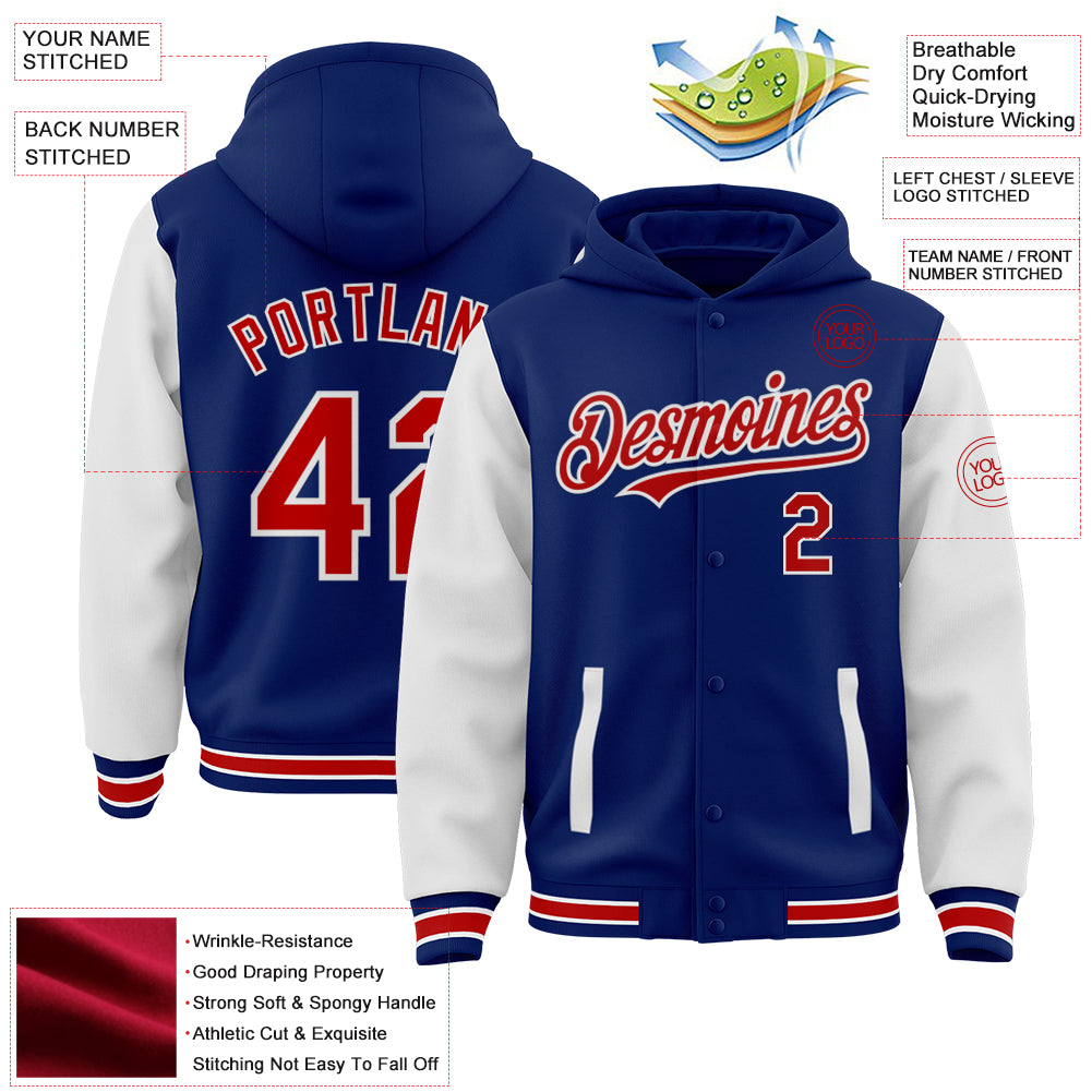 Custom Royal Red-White Bomber Full-Snap Varsity Letterman Two Tone Hoodie Jacket