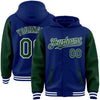 Custom Royal Green-White Bomber Full-Snap Varsity Letterman Two Tone Hoodie Jacket