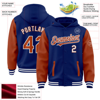 Custom Royal Texas Orange-White Bomber Full-Snap Varsity Letterman Two Tone Hoodie Jacket