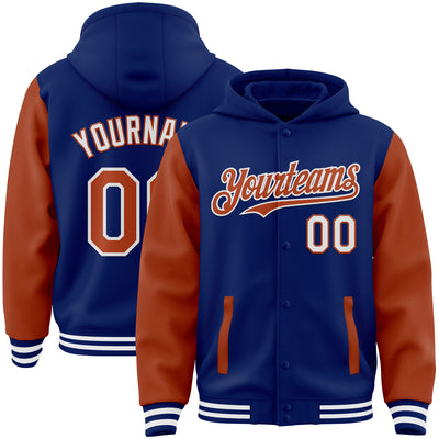 Custom Royal Texas Orange-White Bomber Full-Snap Varsity Letterman Two Tone Hoodie Jacket