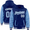 Custom Royal Light Blue-White Bomber Full-Snap Varsity Letterman Two Tone Hoodie Jacket