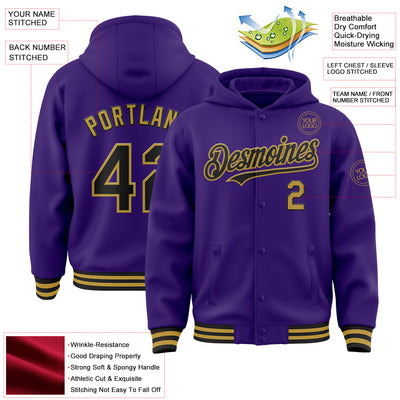 Custom Purple Black-Old Gold Bomber Full-Snap Varsity Letterman Hoodie Jacket