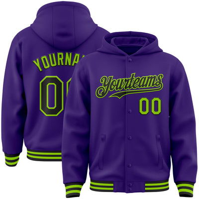 Custom Purple Black-Neon Green Bomber Full-Snap Varsity Letterman Hoodie Jacket