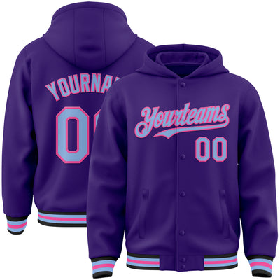 Custom Purple Light Blue Pink-Black Bomber Full-Snap Varsity Letterman Hoodie Jacket