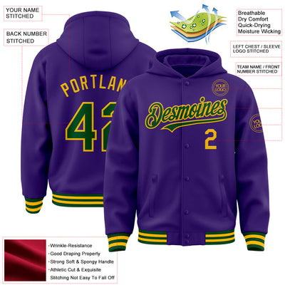 Custom Purple Green-Gold Bomber Full-Snap Varsity Letterman Hoodie Jacket