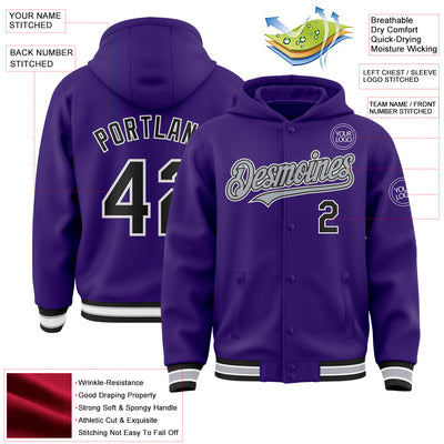 Custom Purple Black-Gray Bomber Full-Snap Varsity Letterman Hoodie Jacket