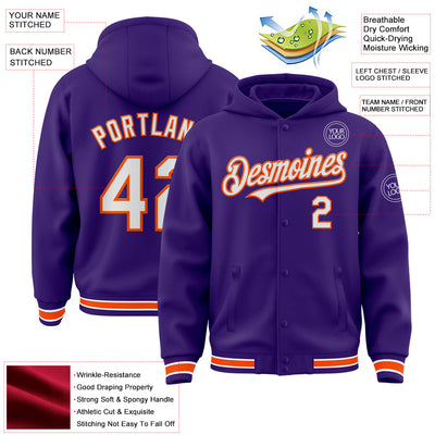 Custom Purple White-Orange Bomber Full-Snap Varsity Letterman Hoodie Jacket