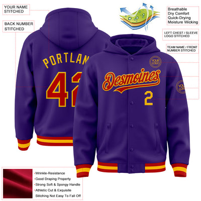 Custom Purple Red-Gold Bomber Full-Snap Varsity Letterman Hoodie Jacket