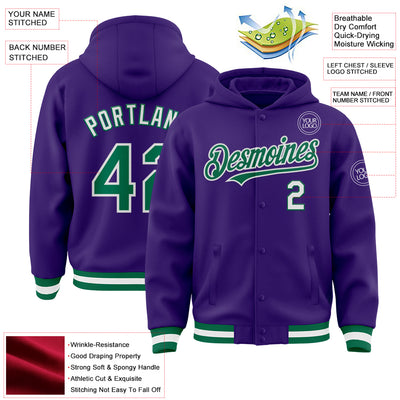 Custom Purple Kelly Green-White Bomber Full-Snap Varsity Letterman Hoodie Jacket