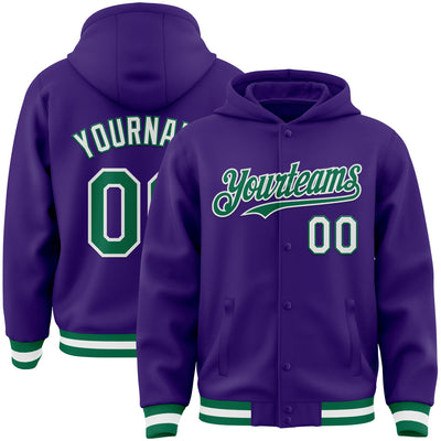 Custom Purple Kelly Green-White Bomber Full-Snap Varsity Letterman Hoodie Jacket